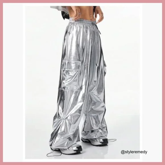 Metallic Cargo Pants Wide Leg Baggy Joggers Polyester Blend - Picture 5 of 5